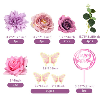 20 Pcs Flower Cake Toppers Butterfly Cake Decorations Happy Birthday Cake Toppers With Pink Purple Flowers Eucalyptus Butterflie