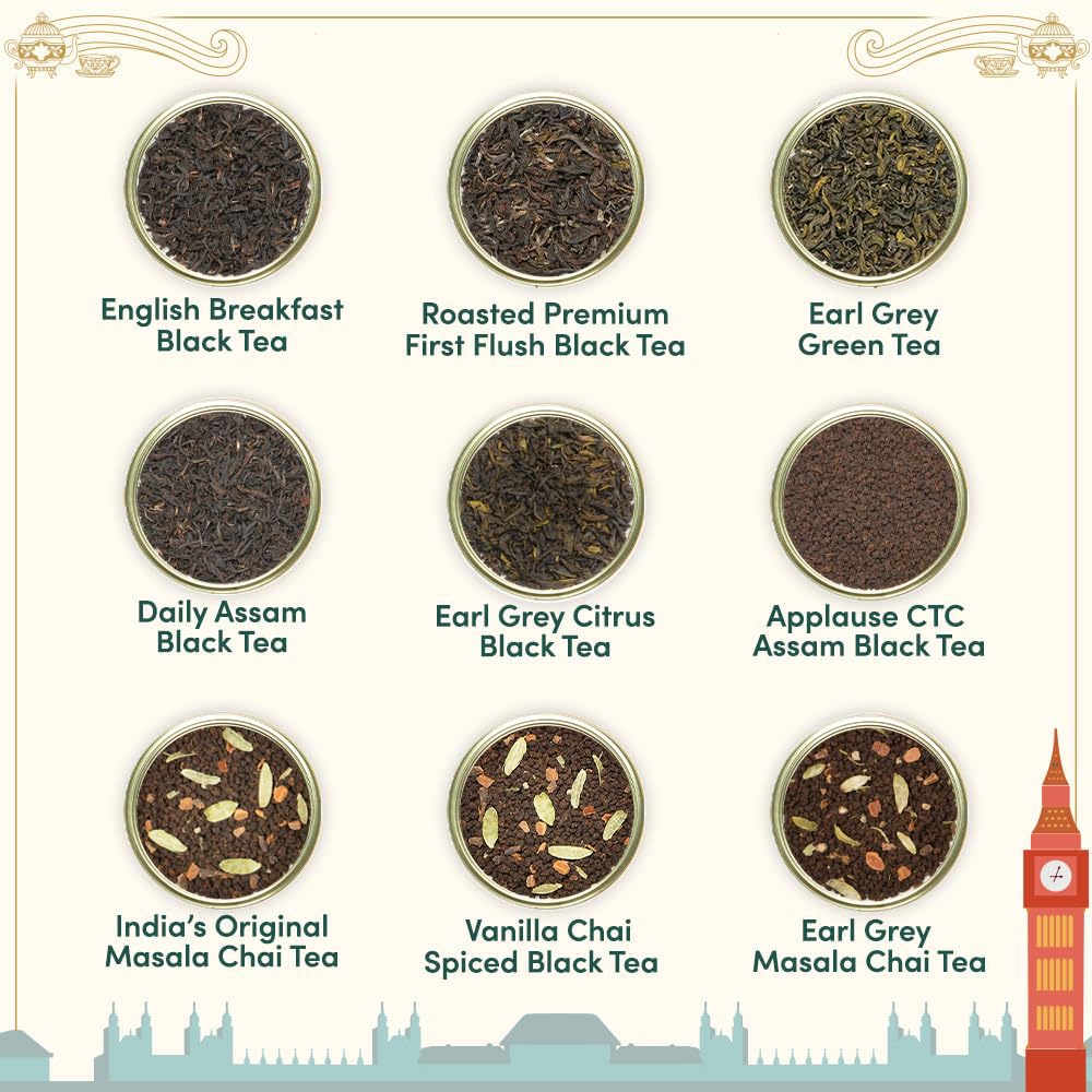 VAHDAM Weekend In London Tea Gift Set, 9 Varieties, Travel Edition, 3.5oz, Gluten Free, Non-GMO, 50+ Cups