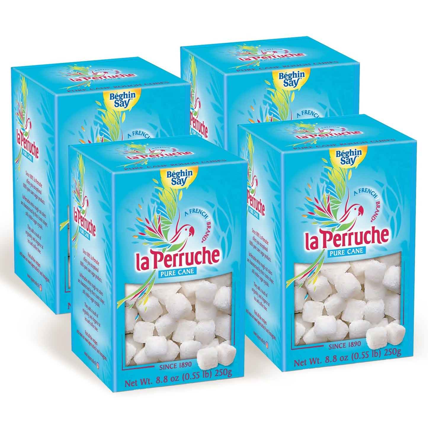 La Perruche Pure Cane Sugar Cubes, 250g/8.8oz Box, Ideal for Teas, Pack of 4