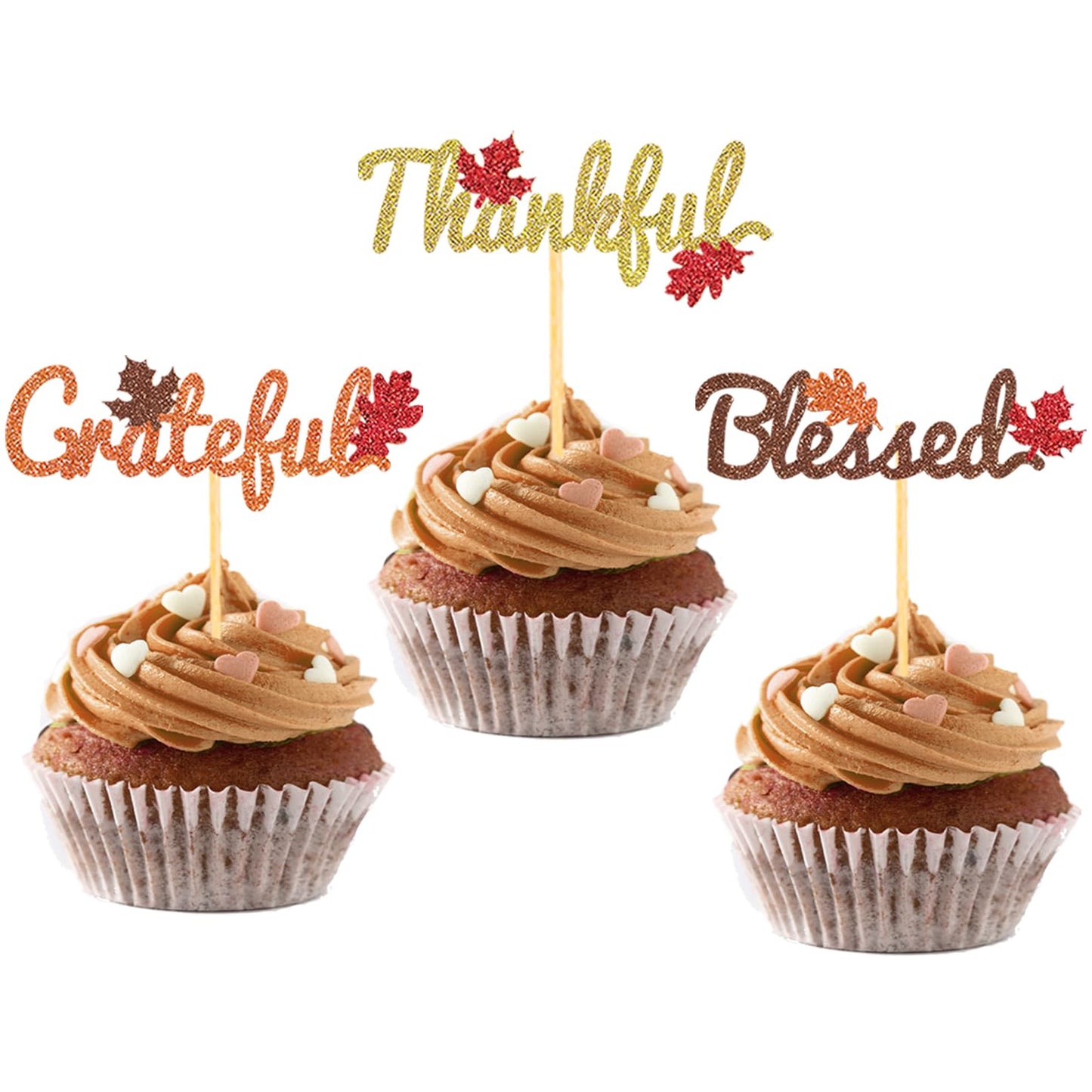 24 Pcs Fall Cupcake Toppers For Thanksgiving Day Decorations, Thankful Blessed Grateful Thanksgiving Cake Topper For Thanksgivin