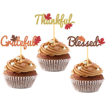 24 Pcs Fall Cupcake Toppers For Thanksgiving Day Decorations, Thankful Blessed Grateful Thanksgiving Cake Topper For Thanksgivin