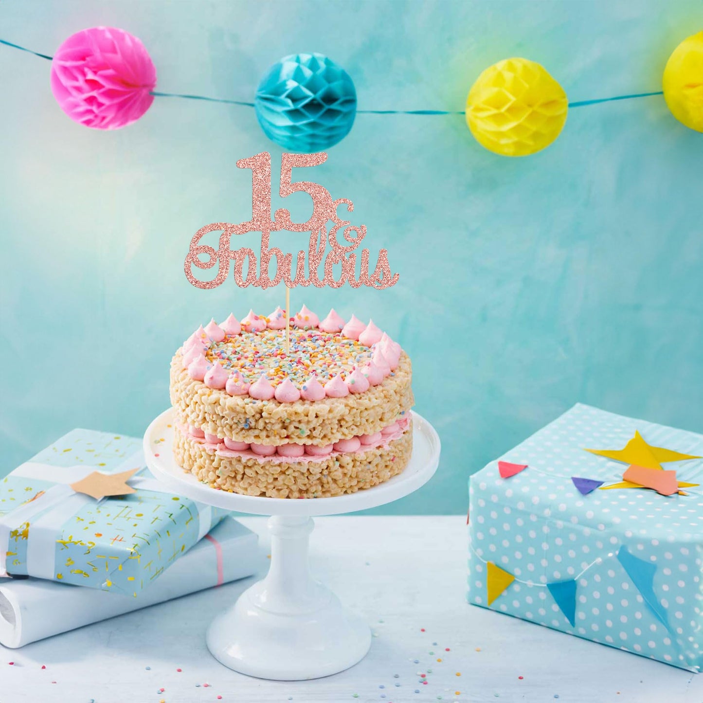 Gyufise 1Pc 15 & Fabulous Cake Topper Rose Gold Glitter Fifteen And Fabulous Cake Toppers Happy 15Th Birthday Cake Pick For 15Th