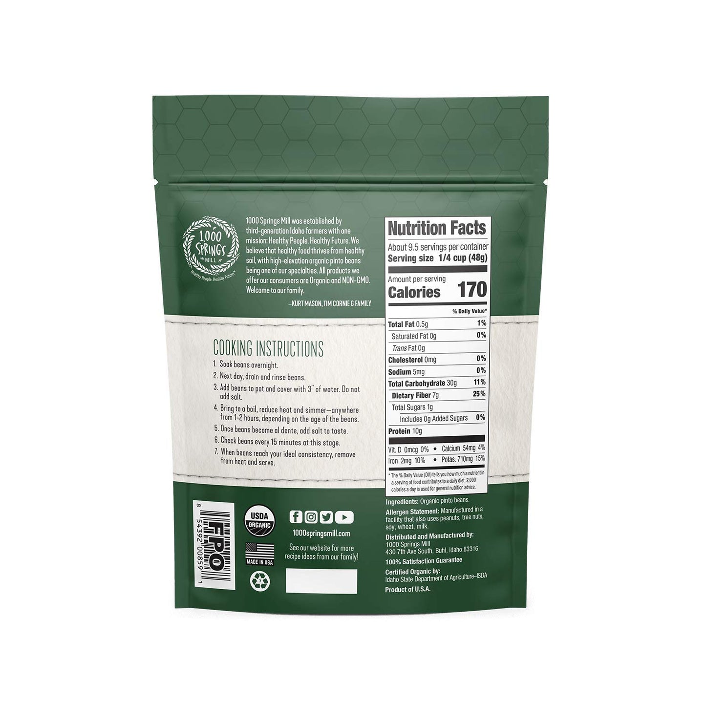 1000 Springs Mill - Organic Pinto Beans | Used For Soups, Stews, Dips, Chili, Burritos, Refried Beans And More | Bulk Dry Brown