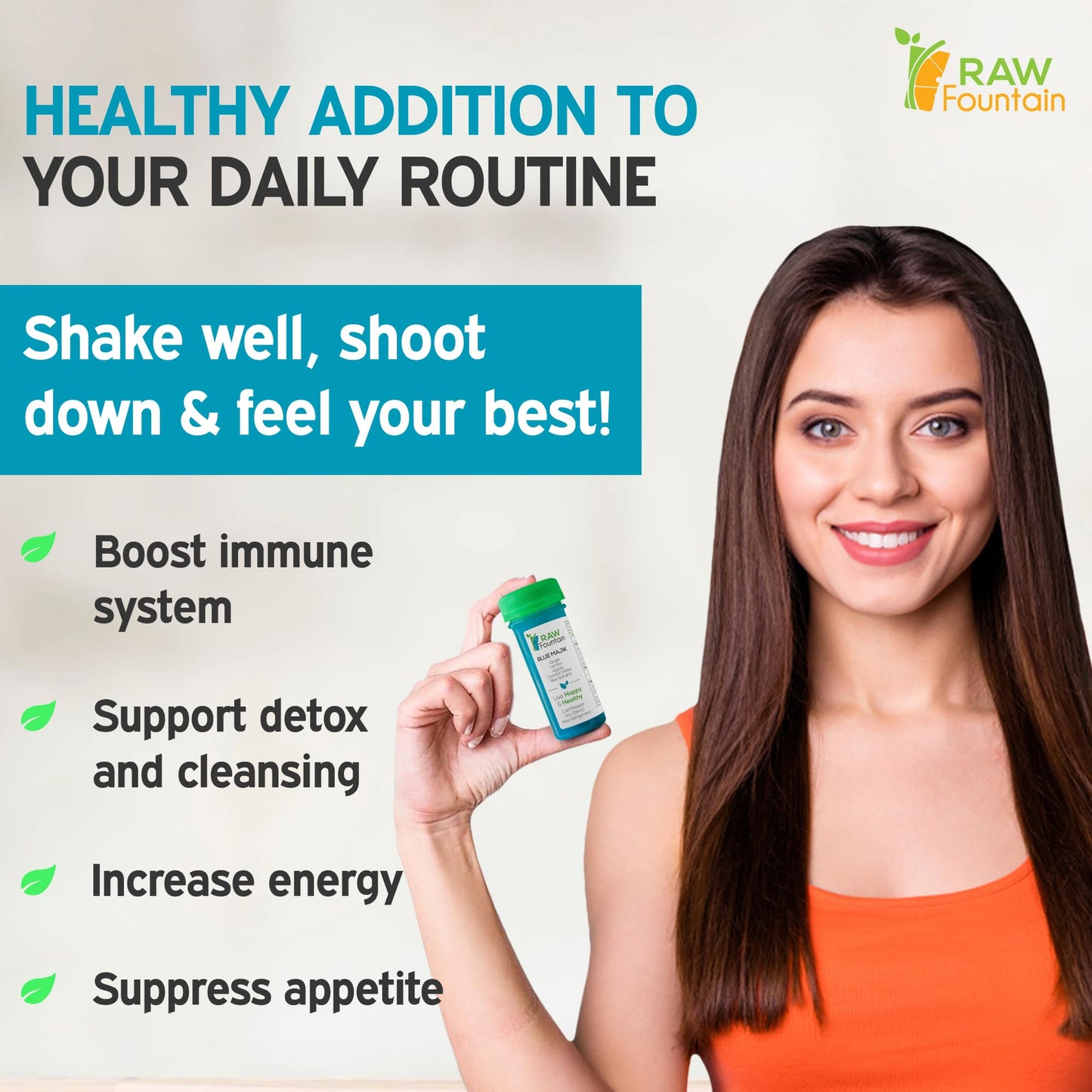 Raw Fountain Immunity Shots - Blue Spirulina, Agave, Lemon, Ginger - 2 Fl Oz (Pack of 20) - All Natural, Cold Pressed, No Preservatives