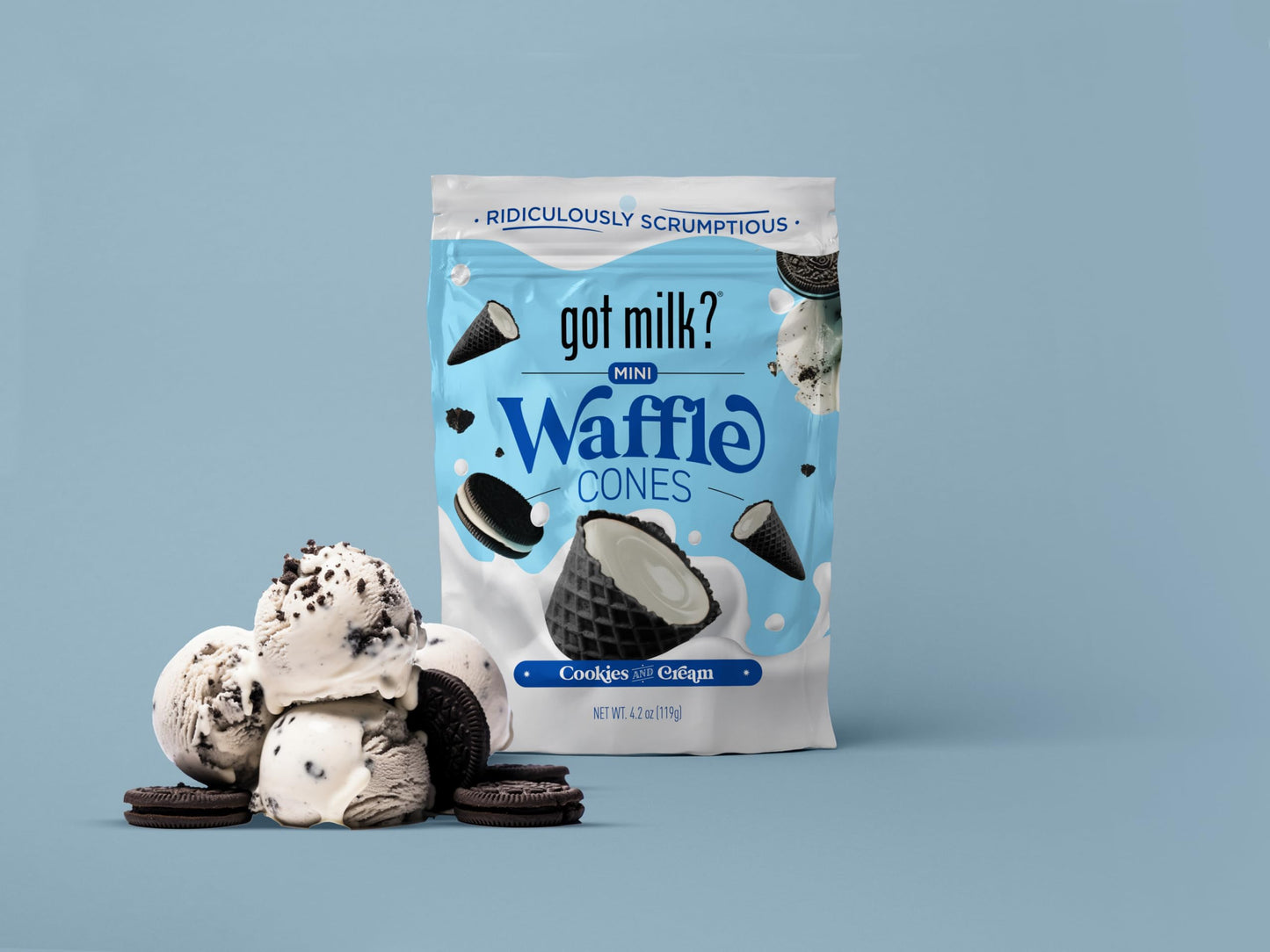 Got Milk Mini Waffle Cones, Cookies And Cream, 4.24 Oz. / 119G Resealable Bag, Delicious White Chocolate Filled Cocoa Waffle Co