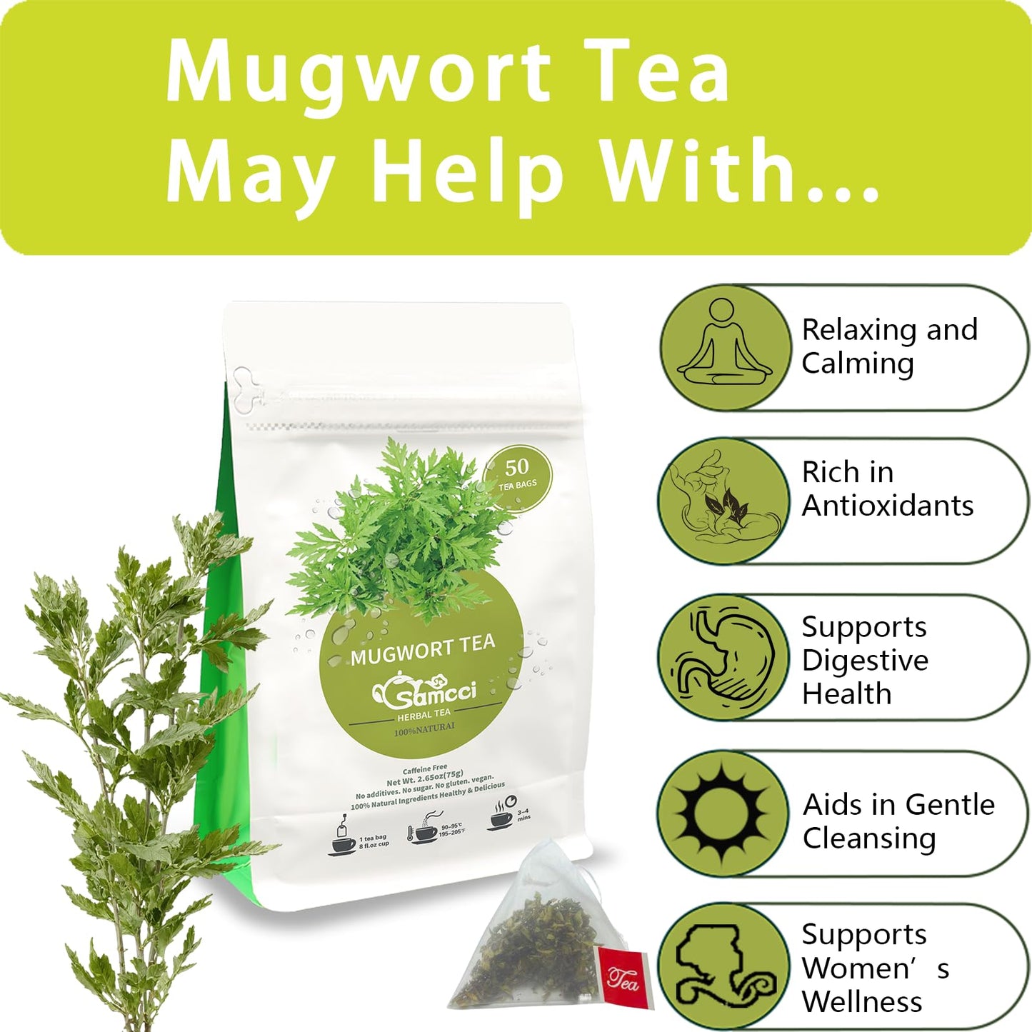 SAMCCI Mugwort Tea Bags - 100% Natural Dried Leaves, Vegan, Caffeine-Free - 50 Count