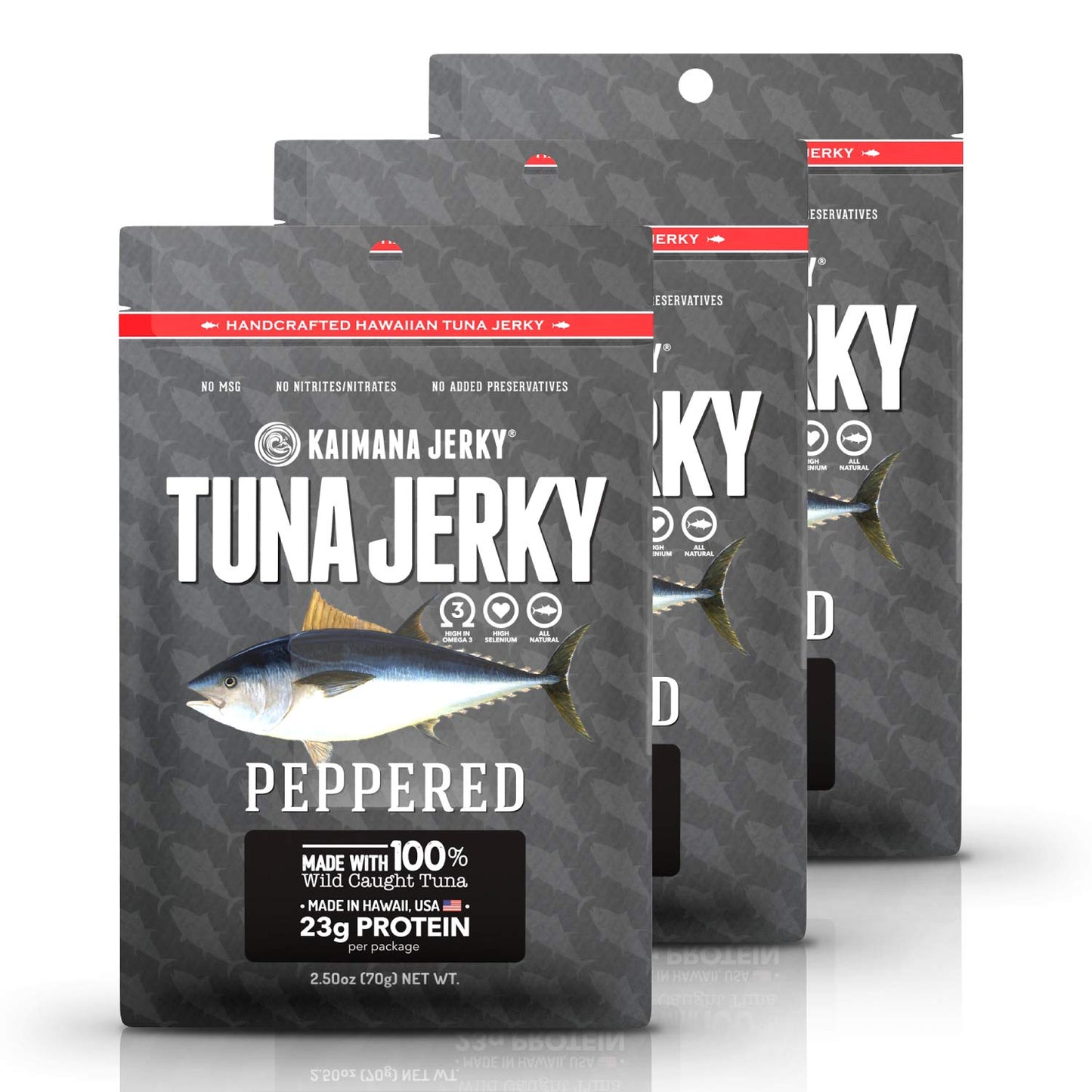 Kaimana Jerky Wild-Caught Ahi Tuna Jerky - Peppered, All-Natural, 3 Pack, 2.5 oz