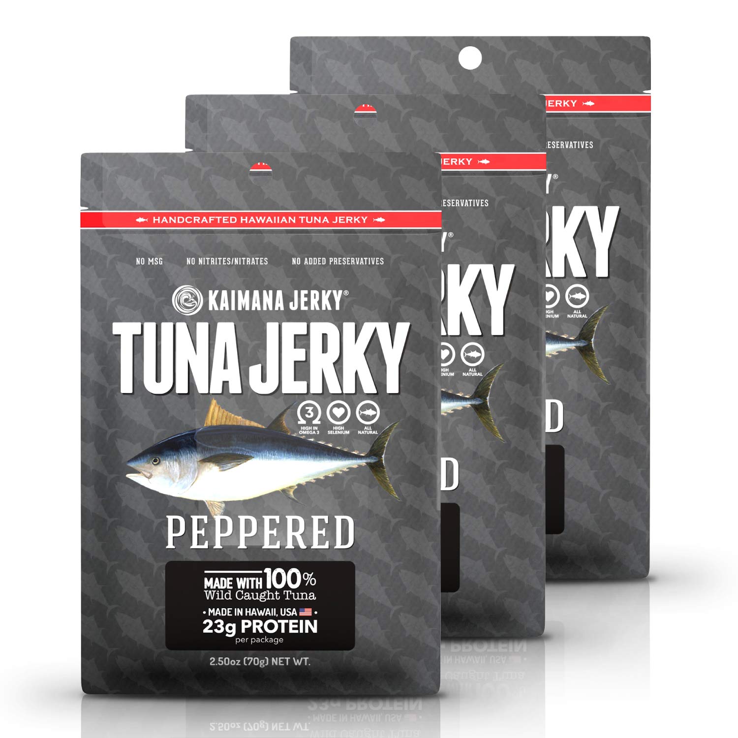 Kaimana Jerky Wild-Caught Ahi Tuna Jerky - Peppered, All-Natural, 3 Pack, 2.5 oz