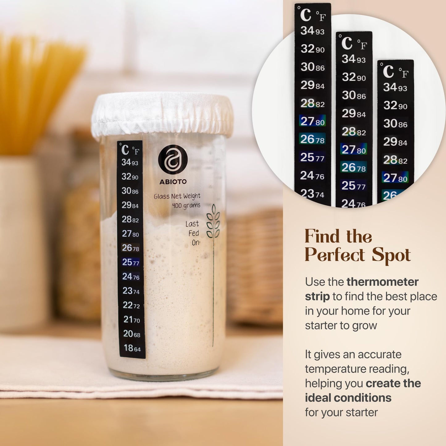 ABIOTO Sourdough Starter Kit  Includes 24 oz Sourdough Starter Jar with Metallic Lid  Silicone Spatula  Feeding Tracker  Extra Thermometer Strips & Breathable Covers - Sourdough Bread Starter Kit