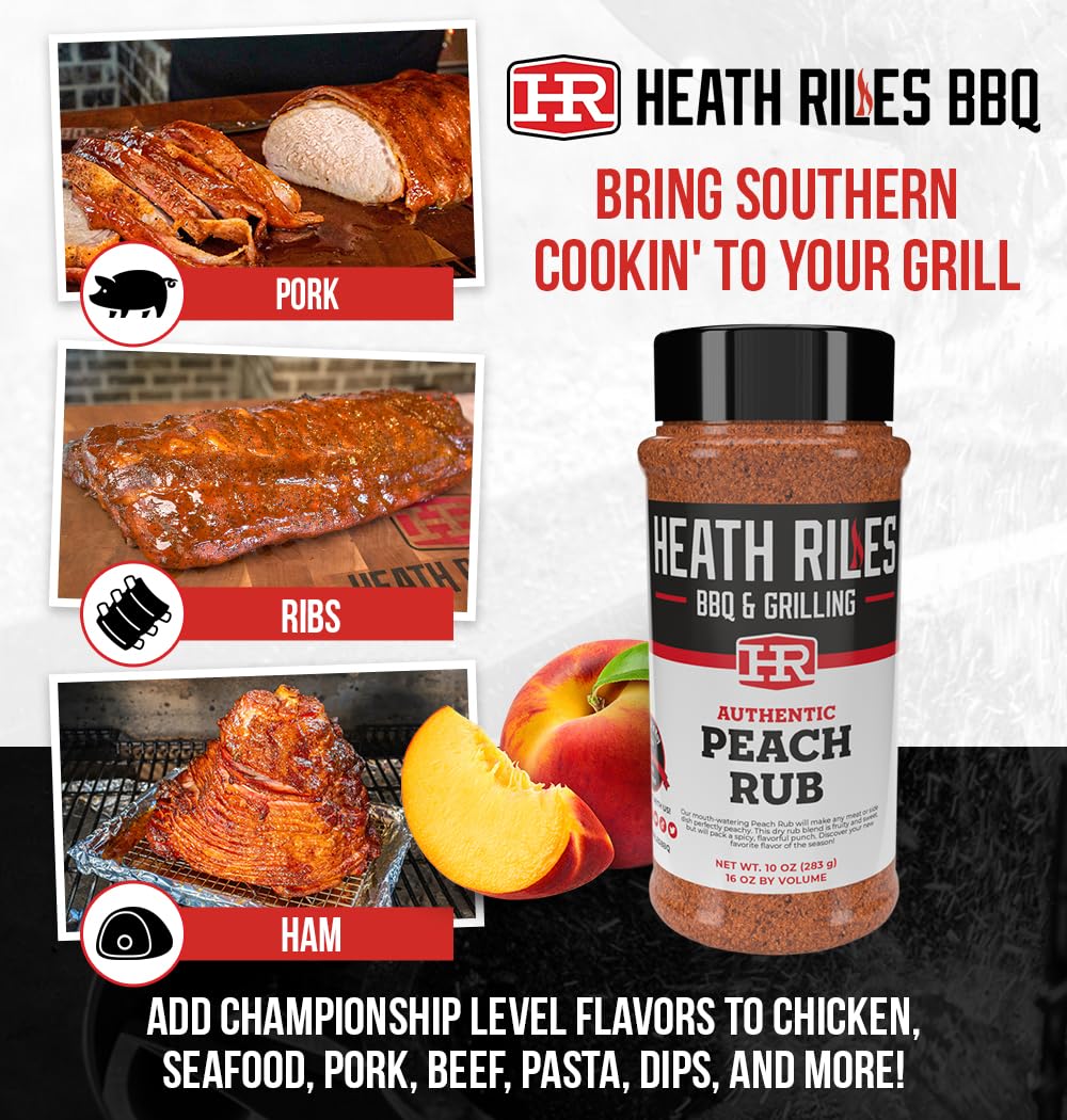 Heath Riles BBQ Peach Rub Seasoning, Shaker Spice Mix, 10 oz.