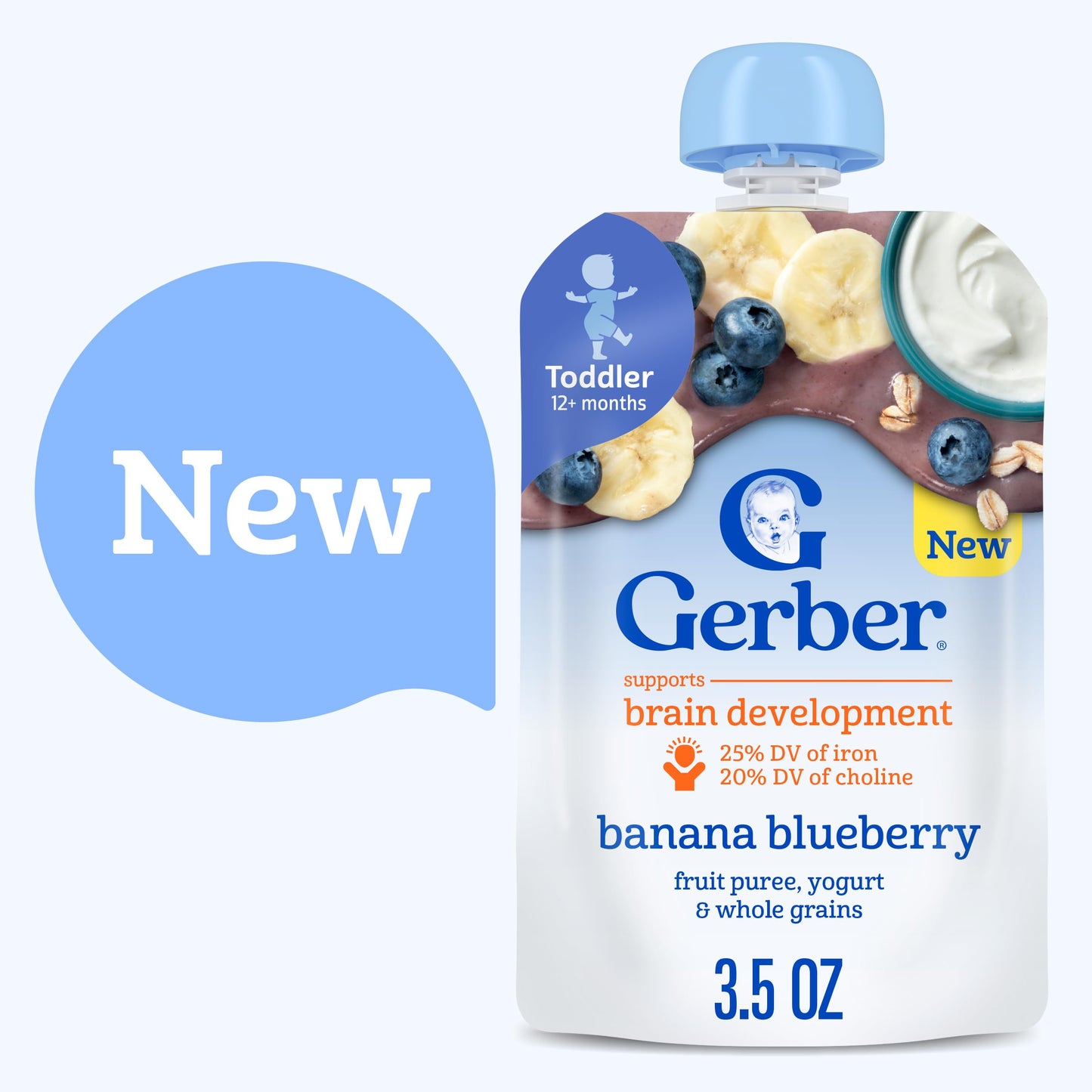 Gerber Toddler Food, Banana Blueberry, Fruit Puree, Yogurt & Whole Grains Pouches, Iron & Choline Helps Support Brain Developmen