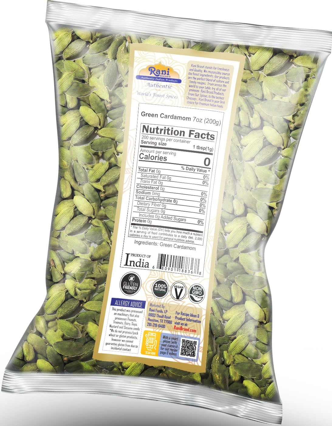 Rani Green Cardamom Pods Spice (Hari Elachi) 7Oz (200G) ~ All Natural | Vegan | Gluten Friendly | Non-Gmo | Product Of India
