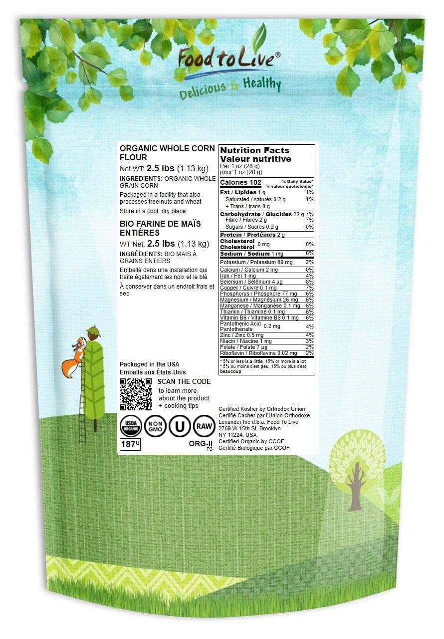 Food To Live Organic Corn Flour, 2.5 Pounds Non-Gmo, Whole Grain, Finely Ground Meal, Vegan, Kosher, Bulk Yellow Milled Maize. G