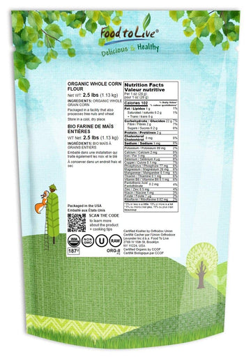 Food To Live Organic Corn Flour, 2.5 Pounds Non-Gmo, Whole Grain, Finely Ground Meal, Vegan, Kosher, Bulk Yellow Milled Maize. G