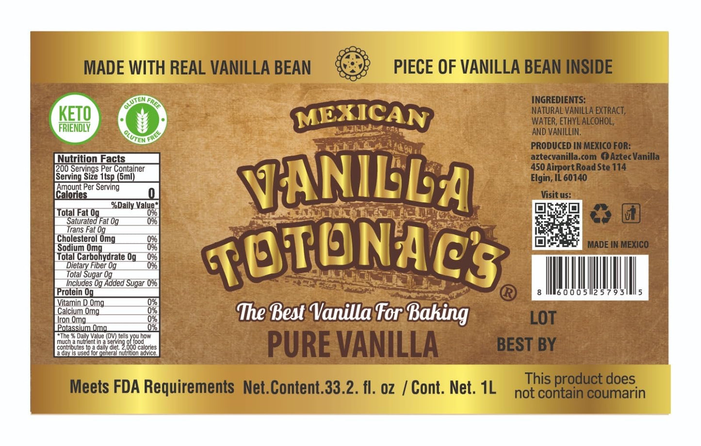 Mexican Vanilla Totonac'S Pure Extract - 33.2 Oz Bottle - Premium Vanilla Liquid For Baking & Cooking, Packaging May Vary