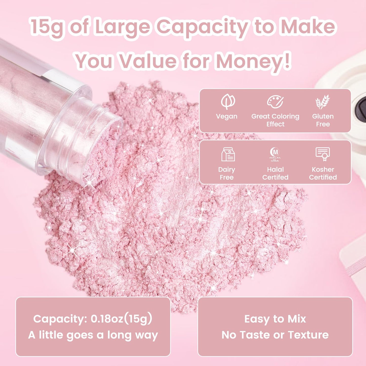 Pink Edible Glitter For Cakes And Cocktails, 15G Food-Grade Pink Luster Dust Edible Shimmer Powder For Drinks,Baking,Easter Egg