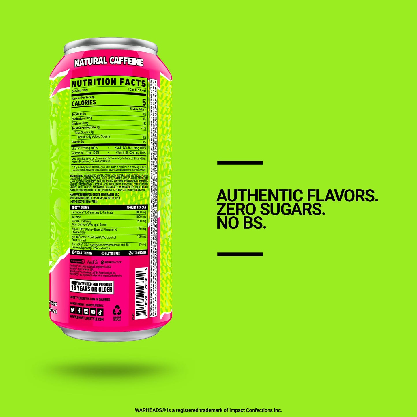 GHOST Energy Drink - 12-Pack, Warheads Sour Watermelon, 16oz - Vegan, Gluten-Free, 200mg Caffeine