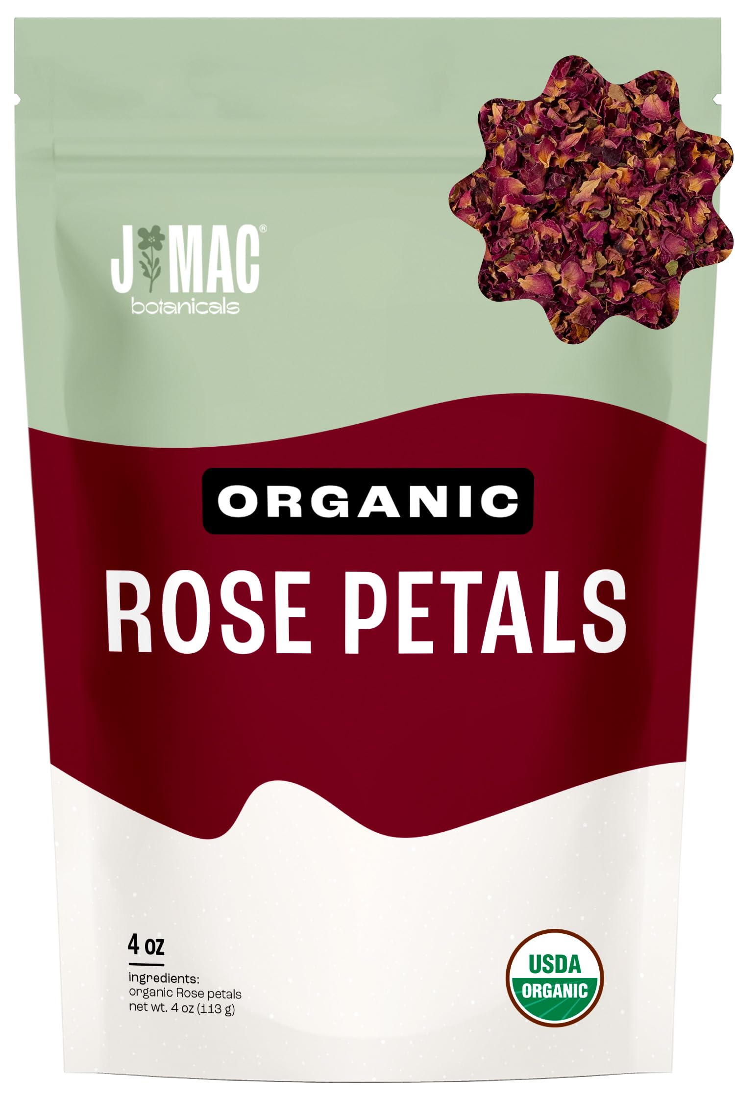 J MAC BOTANICALS Organic Rose Petals, Culinary Grade, 4 oz, Edible Dry Rose Petals for Tea, Cooking, and Crafts