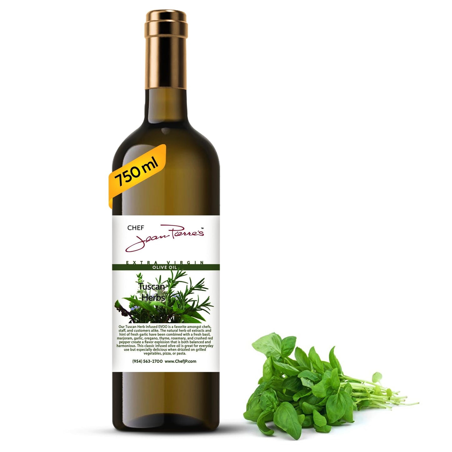 Chef Jean Pierres Tuscan Herb Olive Oil - Naturally Infused - 750ml (25oz) Glass Bottle