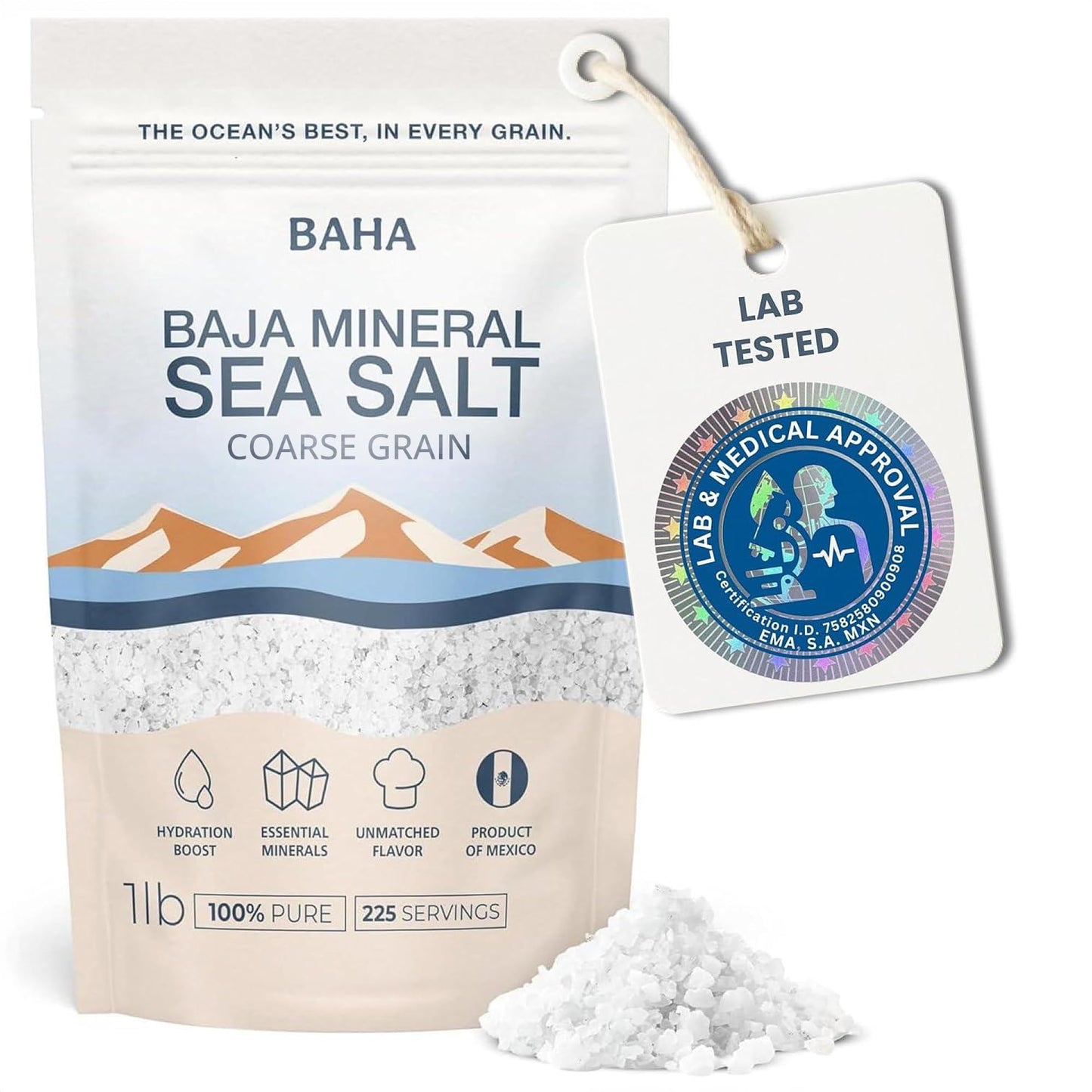 BAHA - Baja Mineral Sea Salt | Original Natural Grain Baha Mineral Salt from Sea of Cortez | Low Sodium & Mineral | For Cooking  Plating and Hydration | for Grinding | 1 Lb. Bag