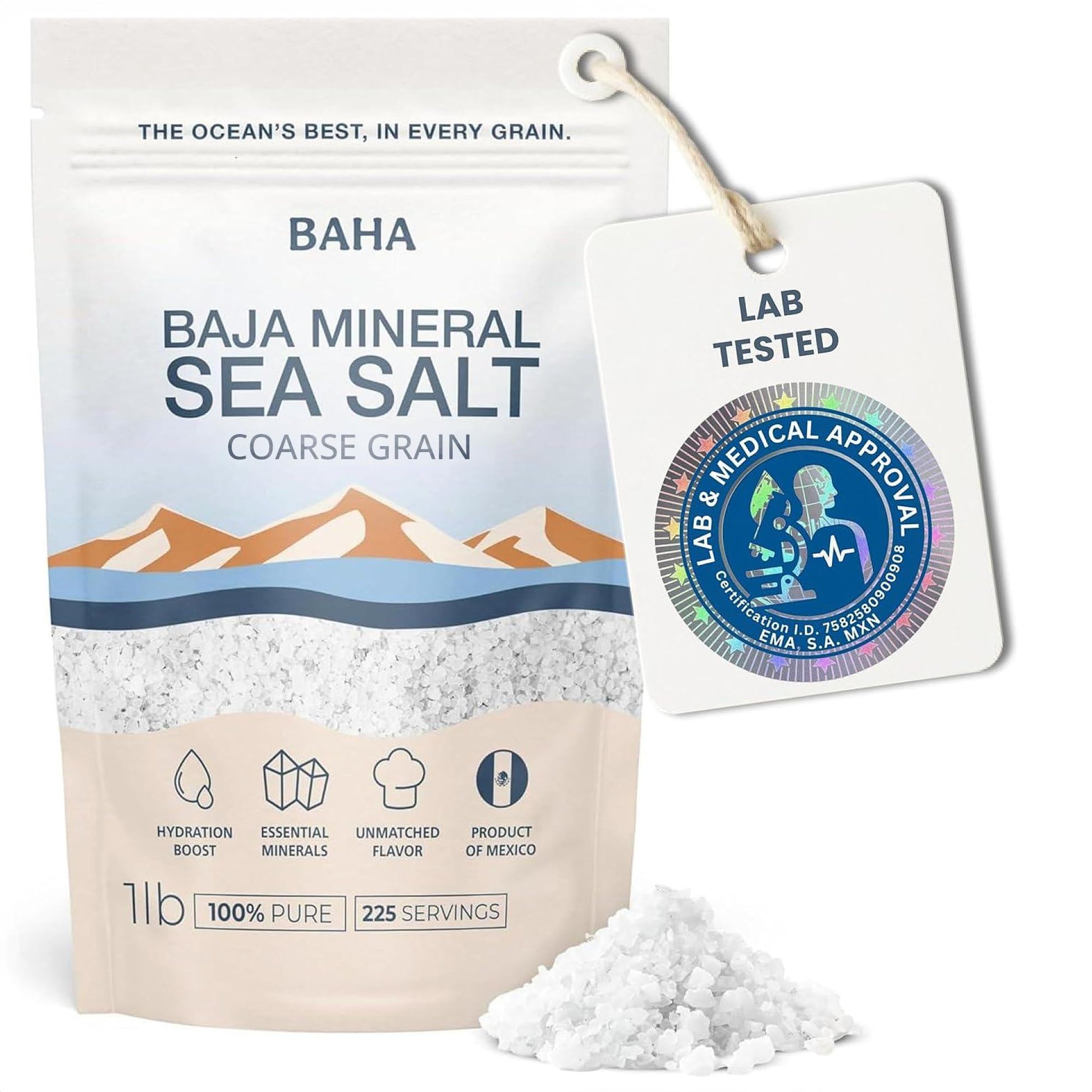 BAHA - Baja Mineral Sea Salt | Original Natural Grain Baha Mineral Salt from Sea of Cortez | Low Sodium & Mineral | For Cooking  Plating and Hydration | for Grinding | 1 Lb. Bag