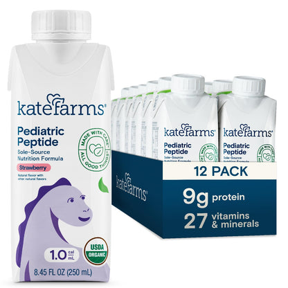 KATE FARMS Organic Pediatric Peptide 1.0 Formula, Strawberry, Sole-Source Hydrolyzed Plant-Based Nutrition for Oral or Tube Feed