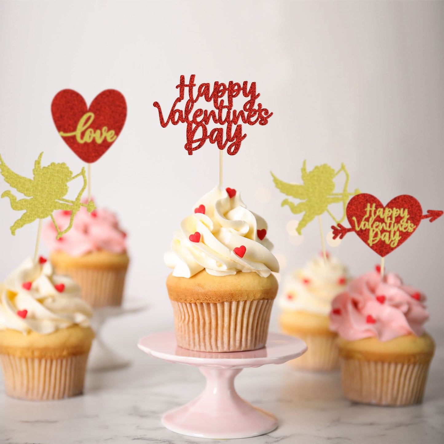 Gyufise 24 Pack Red Gold Glitter Happy Valentine Day Cupcake Toppers Love Heart Cupcake Toppers For Valentine Theme Wedding Enga