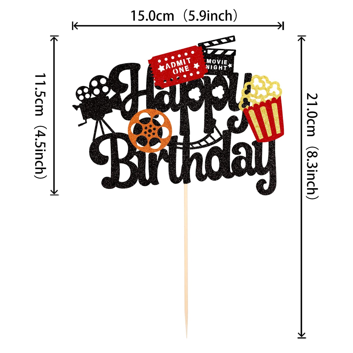 1 Pcs Movie Night Cake Topper Happy Birthday Sign Cake Pick Decorations For Theater Video Recorder Roll Camera Popcorn Hollywood