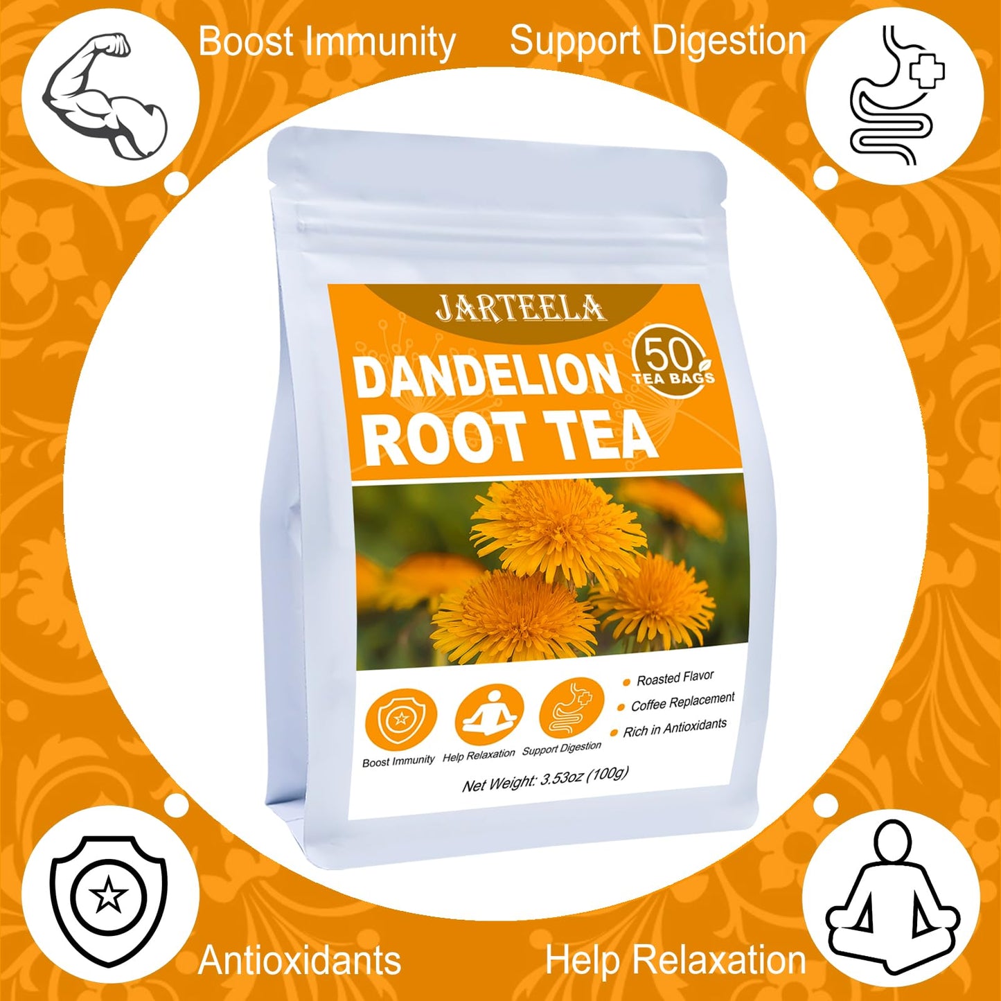 Jarteela Roasted Dandelion Root Tea Bags - Non-GMO, Caffeine-Free, 50 Count