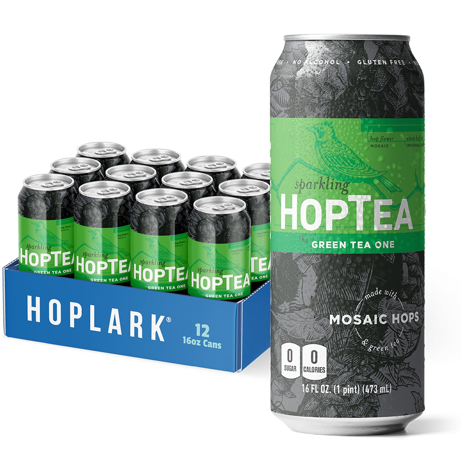 HOPLARK Sparkling HopTea - Mosaic Hops and Sparkling Green Tea - Unsweetened - Zero Calorie - Caffeinated Sparkling Tea in 12 Pa