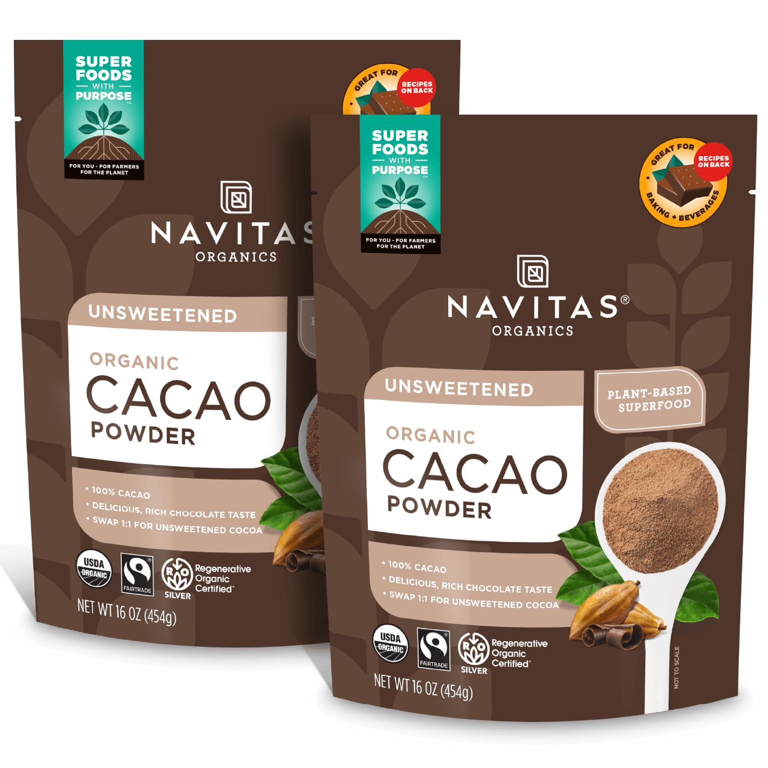 Navitas Organics Cacao Powder - Cocoa Powder Substitute 1:1  For Hot Chocolate  Baking & More - Regenerative Organic Certified  Non GMO  Fairtrade  Gluten Free  Non-alkalized (16oz. Bag  Pack of 2)