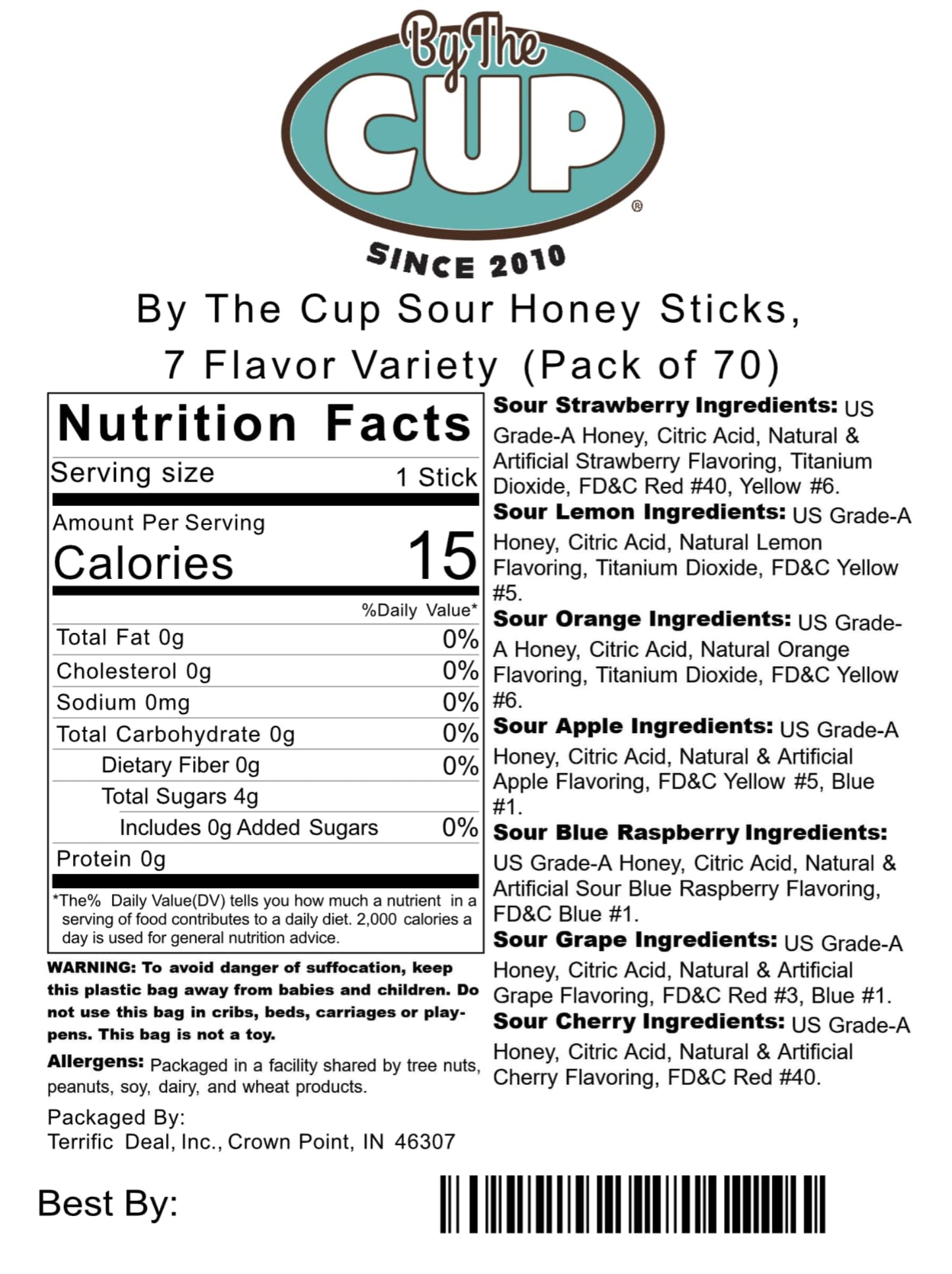 By The Cup Sour Honey Sticks, 7 Flavor Variety (Pack Of 70)