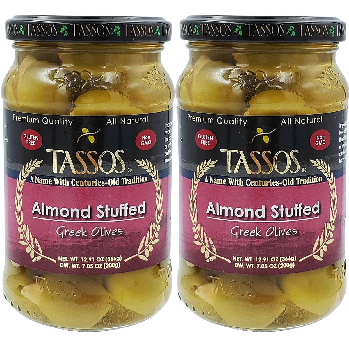 Tassos Almond Stuffed Halkidiki Super Colossal Olives 2/12.91oz. (2 Pack)