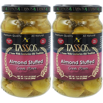 Tassos Almond Stuffed Halkidiki Super Colossal Olives 2/12.91oz. (2 Pack)