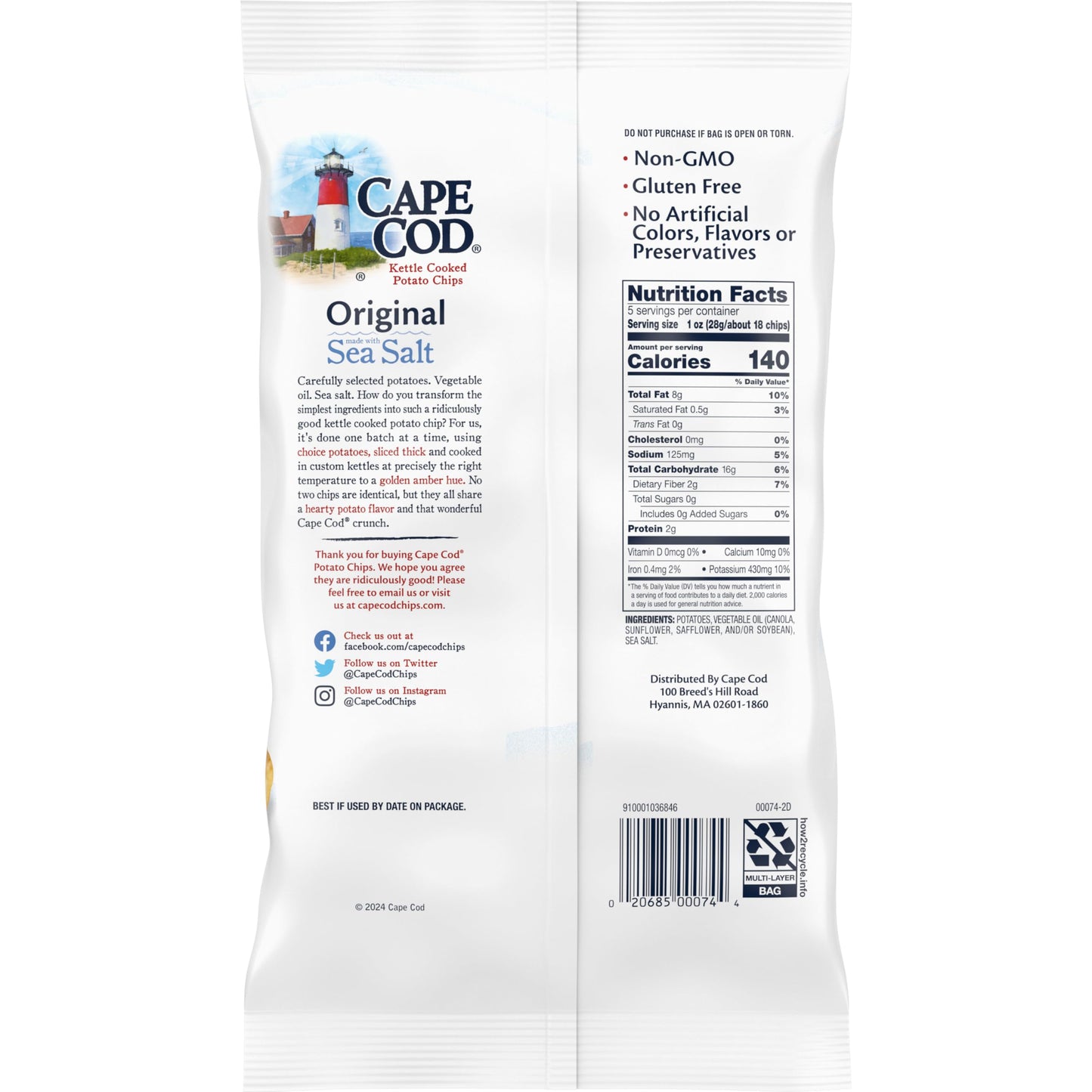 Cape Cod Kettle Cooked Potato Chips Original Sea Salt, 5 Ounce, Pack of 1