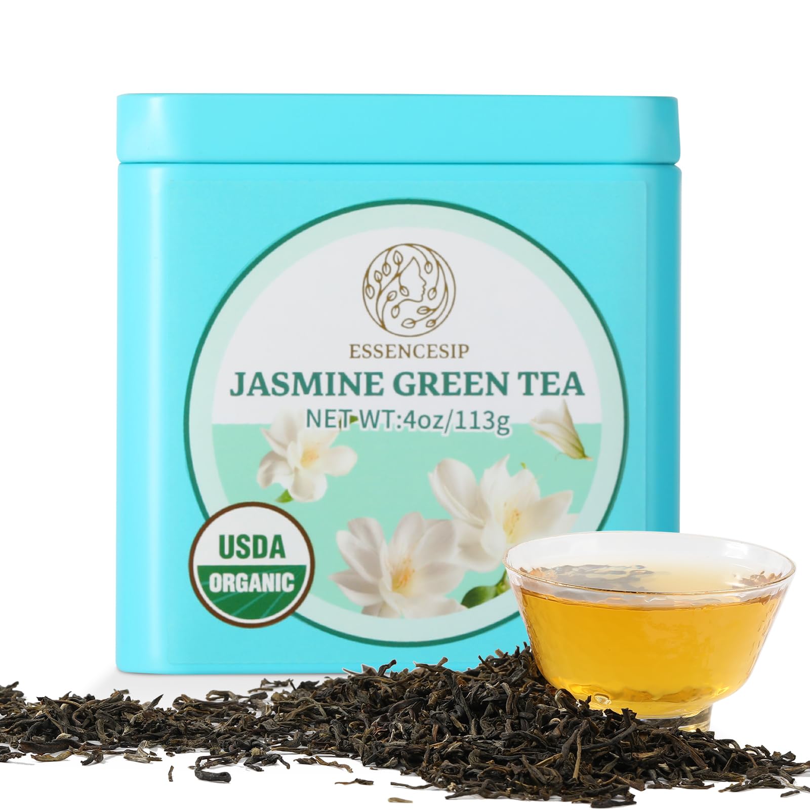 Essencesip Organic Jasmine Green Tea Loose Leaf  4oz Tin - Scented 5x with 6 000 Fresh Jasmine Blossoms  Low Caffeine  Antioxidant-Rich