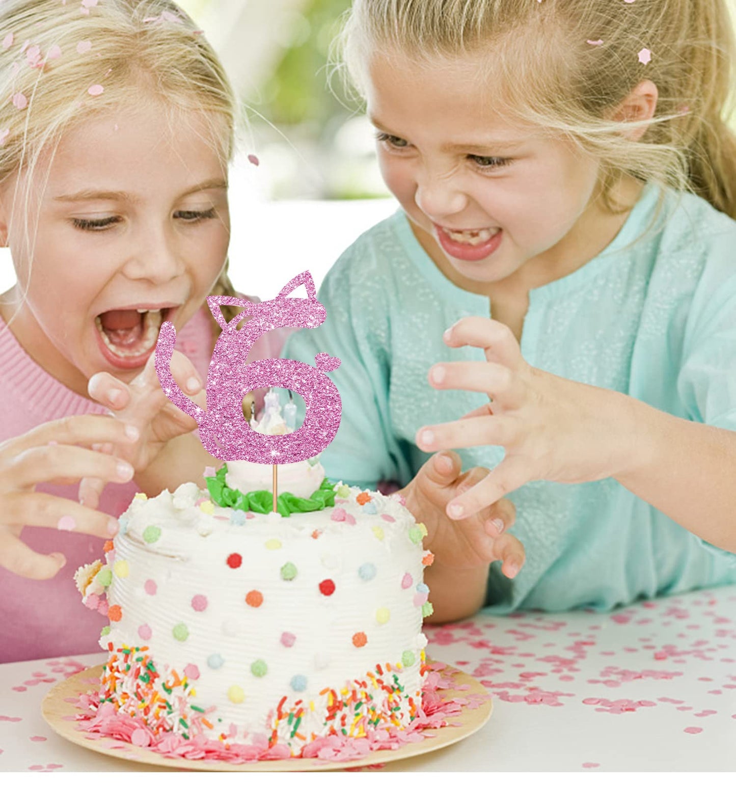MINUET MINUTE Cat Six Cake Topper - Pink Glitter, Number 6 Birthday Decoration for Baby Girl Party Supplies