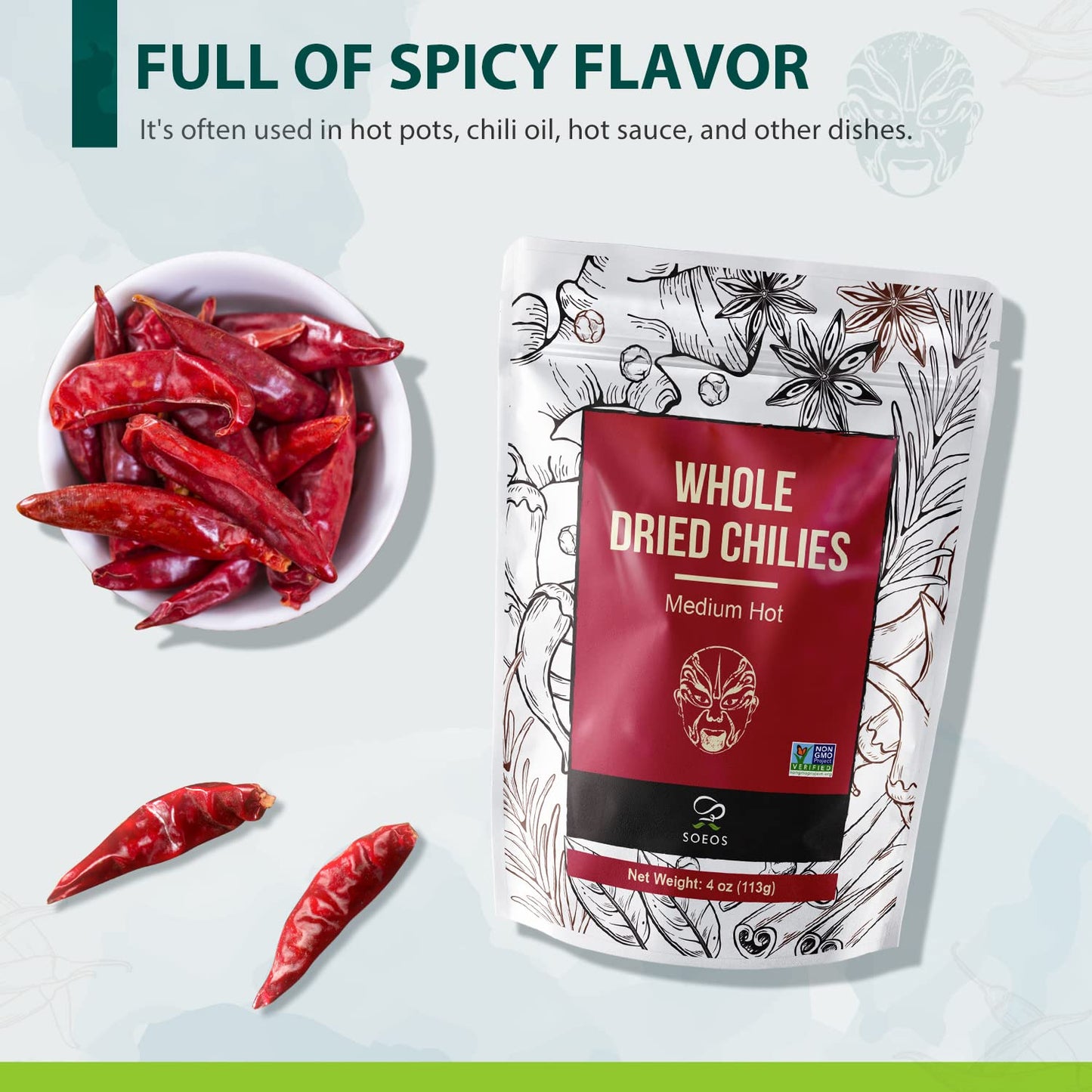 Soeos Whole Dried Chili 4Oz, Medium Spicy, Natural And Premium, Great For Mexican Recipes, Dry Szechuan Pepper, Dry Chile Peppers, Sichuan Pepper, Dried Red Chilie, Whole Dried Chili Peppers.