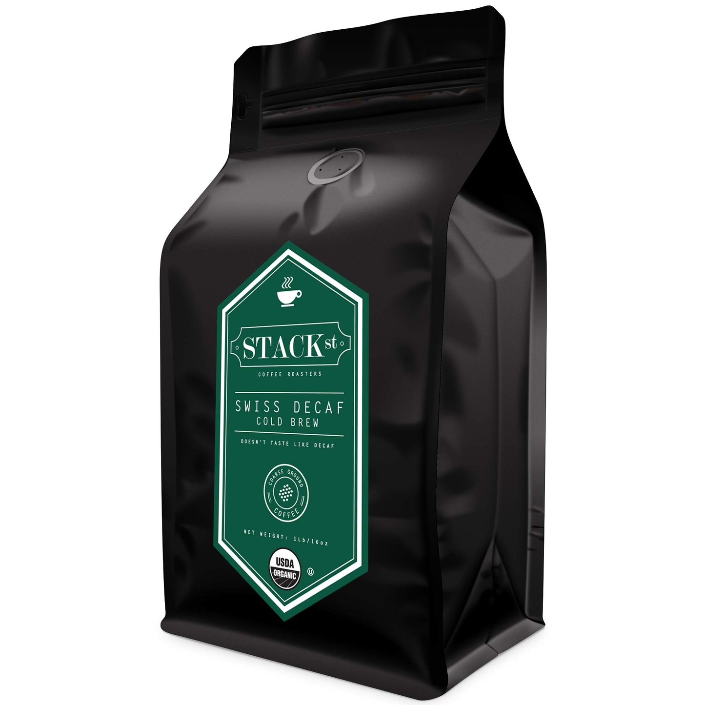 Stack Street Organic Swiss Water Process Decaf Cold Brew Coffee, Dark Roast, Coarse Ground, 16 Ounce