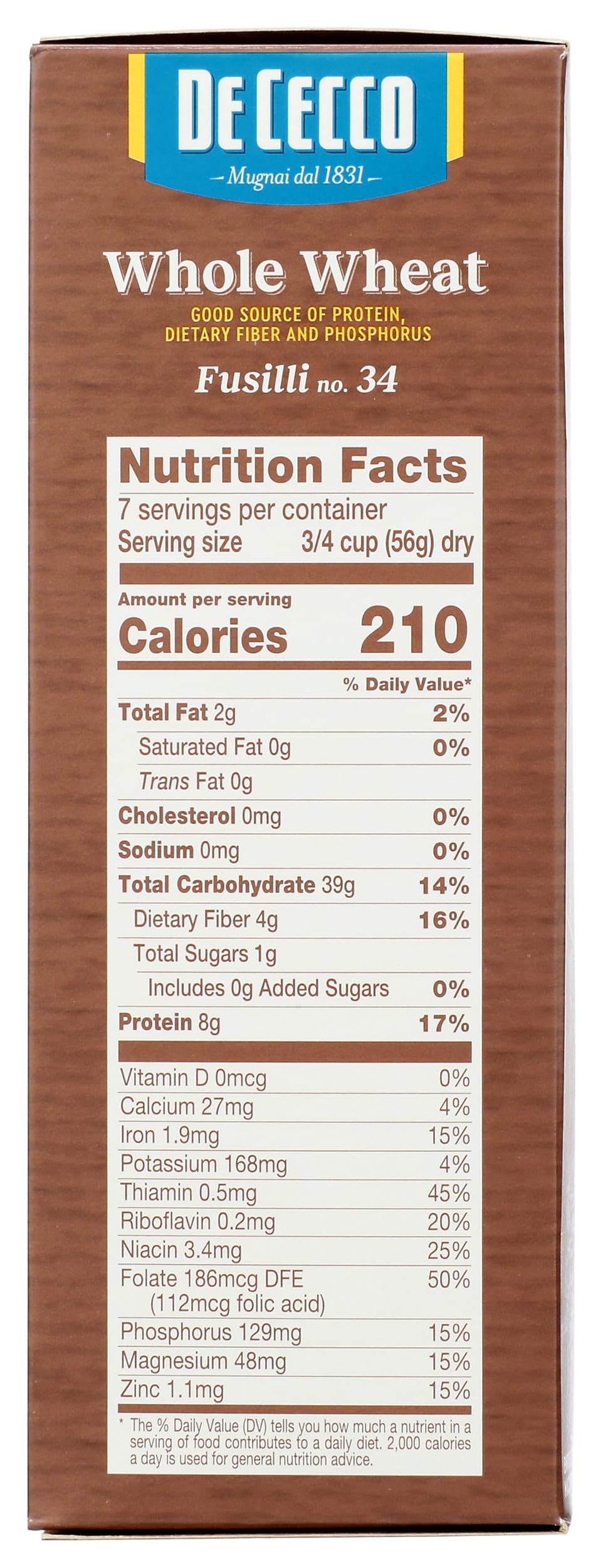 De Cecco Pasta Fusilli Whole Wheat Pasta, 13.25 oz