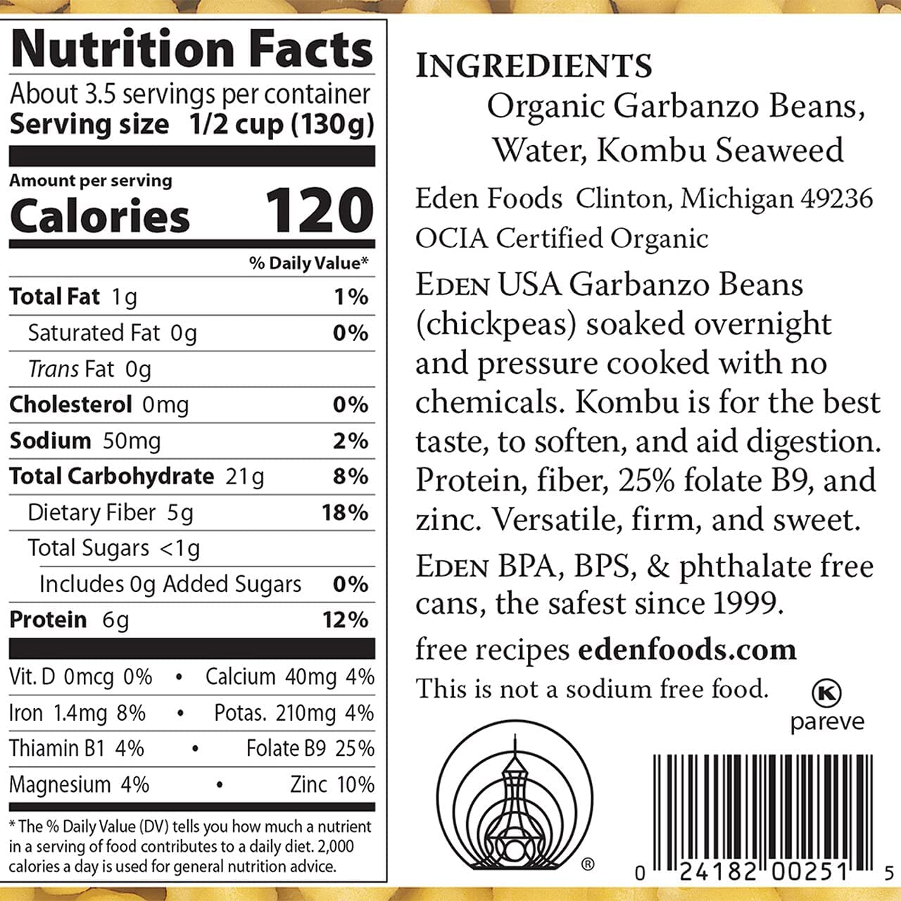 Eden Organic Garbanzo Beans, 15 Oz Can, No Salt, Non-Gmo, Gluten Free, Vegan, Kosher, U.S. Grown, Heat And Serve, Macrobiotic, Chickpeas