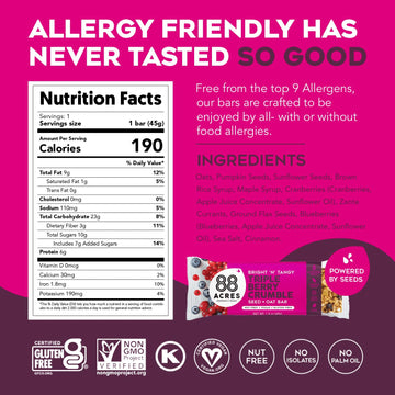 88 Acres Granola Bars | Triple Berry | Gluten Free, Nut-Free Oat And Seed Snack Bar | Vegan & Non Gmo | 12 Pack