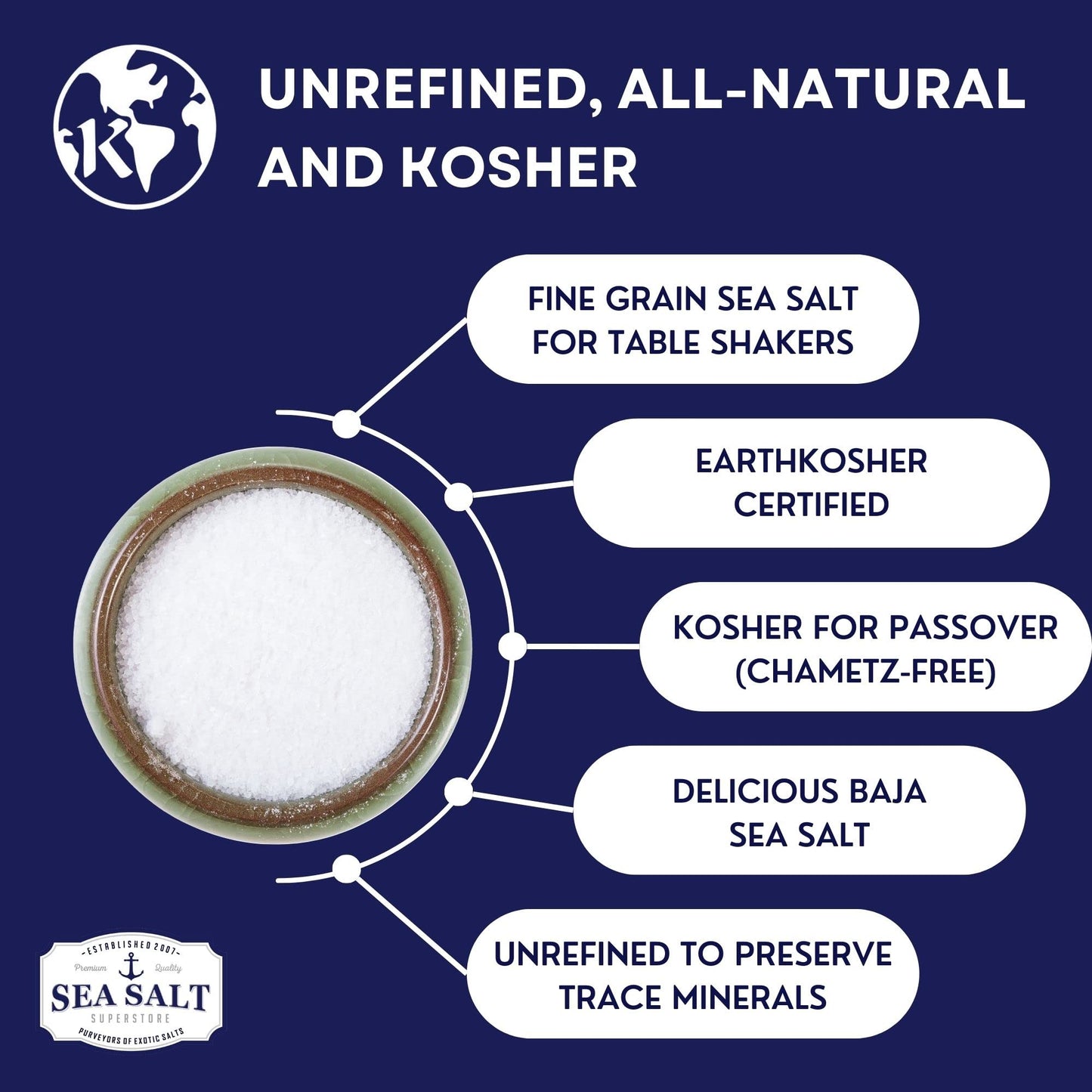 Fine Grain Kosher Salt  Non-Iodized & Natural Fine Replacement for Table Salt for Table Shakers  14 oz Bag