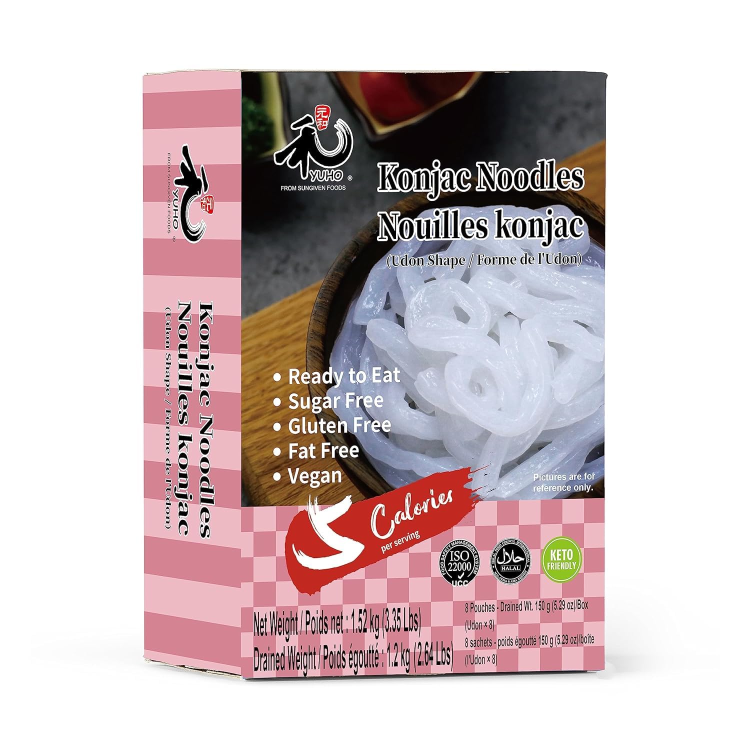 Yuho Shirataki Udon Noodles 8 Pack, Low-Calorie Udon, Gluten Free, Fat-Free, Keto Friendly, Low Carbs 1520G