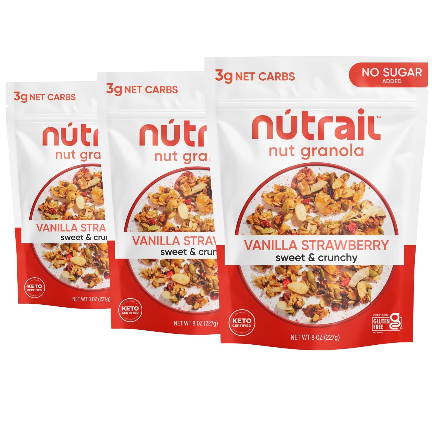 NuTrail Nut Granola Cereal, Vanilla Strawberry, Keto, Low Carb, Gluten Free, 8 oz. (Pack of 3)