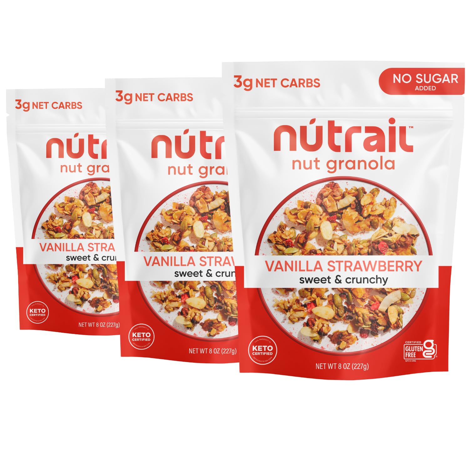 NuTrail Nut Granola Cereal, Vanilla Strawberry, Keto, Low Carb, Gluten Free, 8 oz. (Pack of 3)