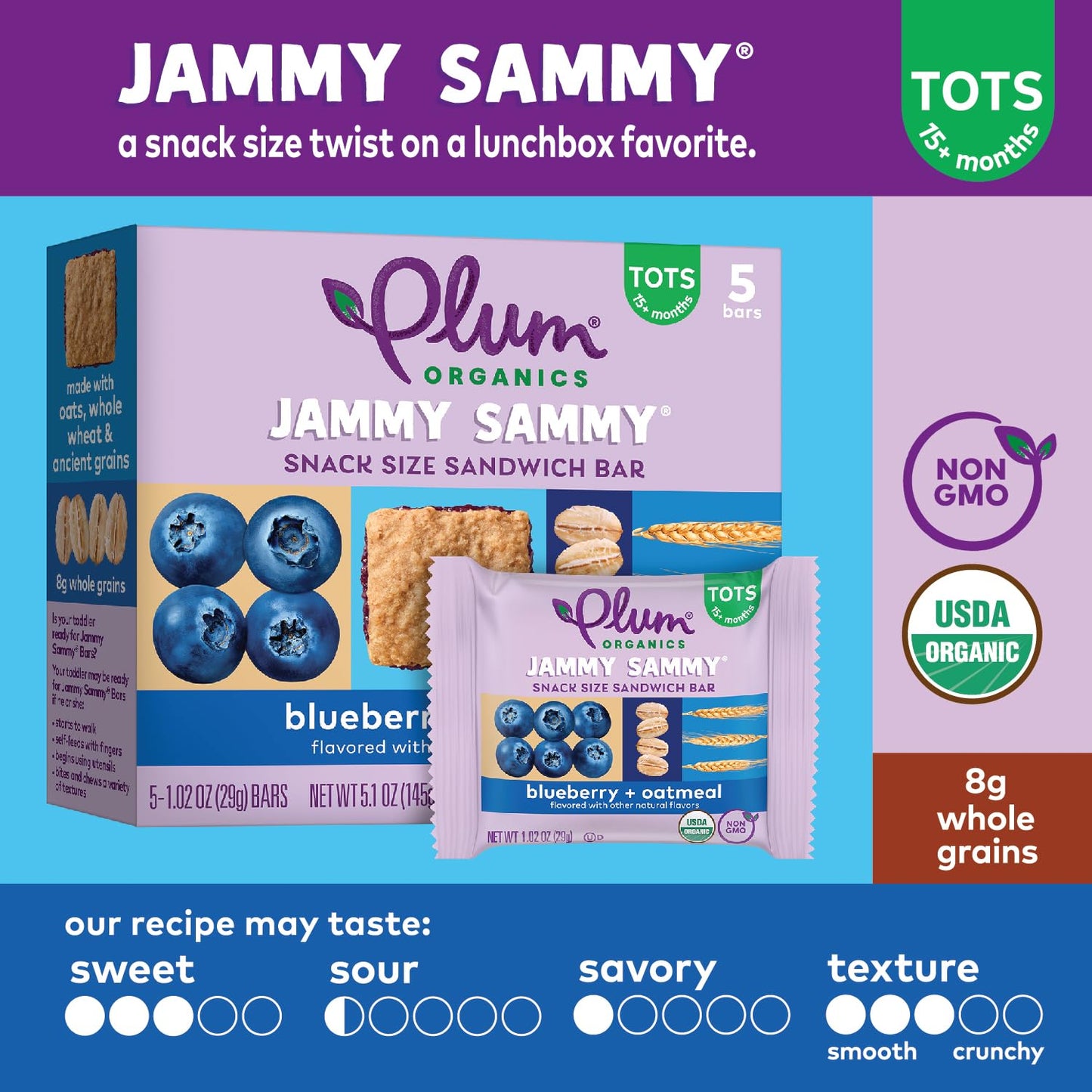 Plum Organics Jammy Sammy Snack Bars - Blueberry and Oatmeal - 1.02 oz Bars (Pack of 5) - Organic Toddler Food Snack Bars
