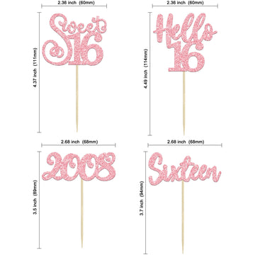 Gyufise 24Pcs Happy 16Th Birthday Cupcake Toppers Glitter Hello 16 Sweet 16 Sixteen Years Old Cupcake Picks For Celebrating 16Th