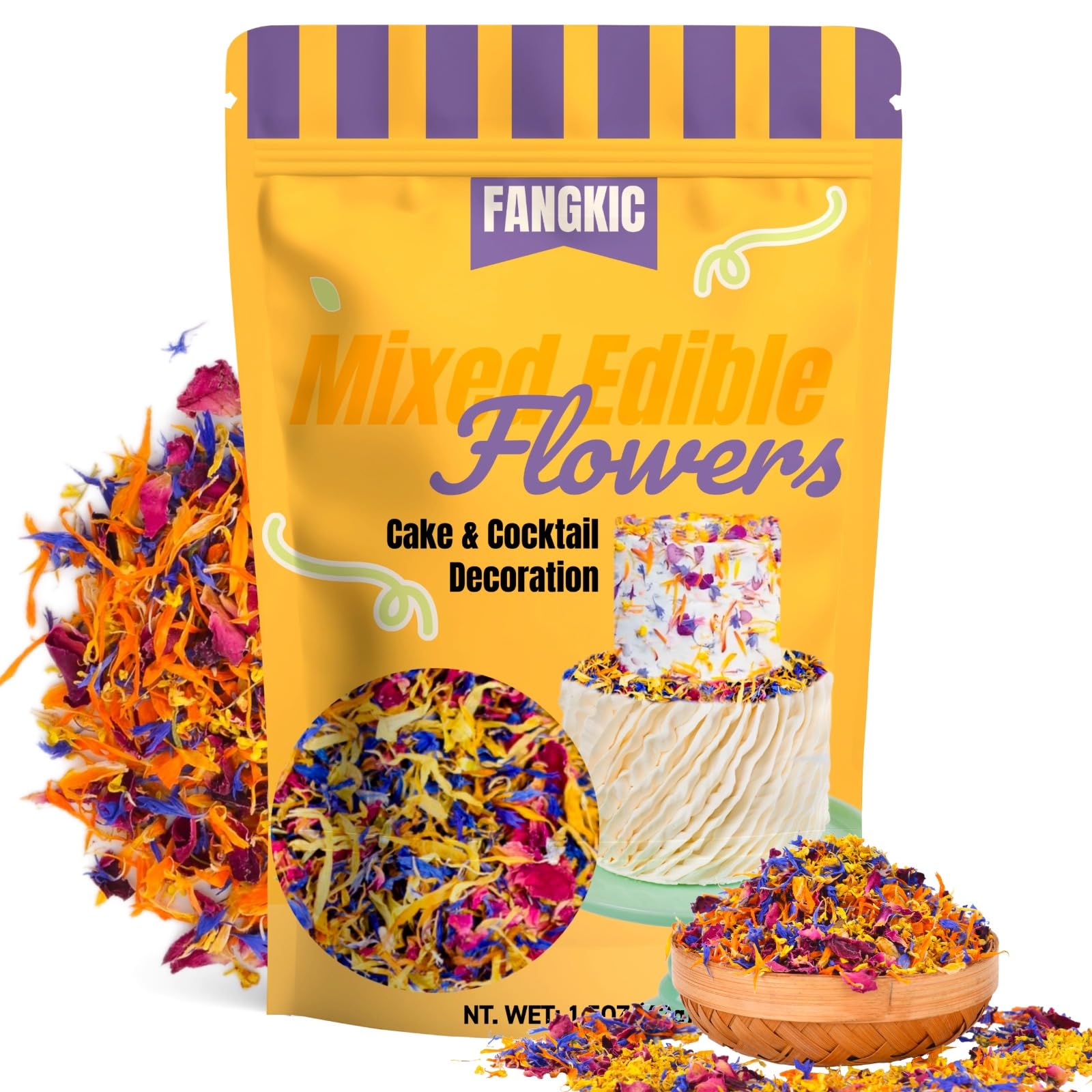 Fangkic Edible Flower Petal Blend - 4 Kinds (1.5 oz) for Cakes, Cocktails, Soap Making - Includes Rose, Cornflower, Osmanthus, Calendula