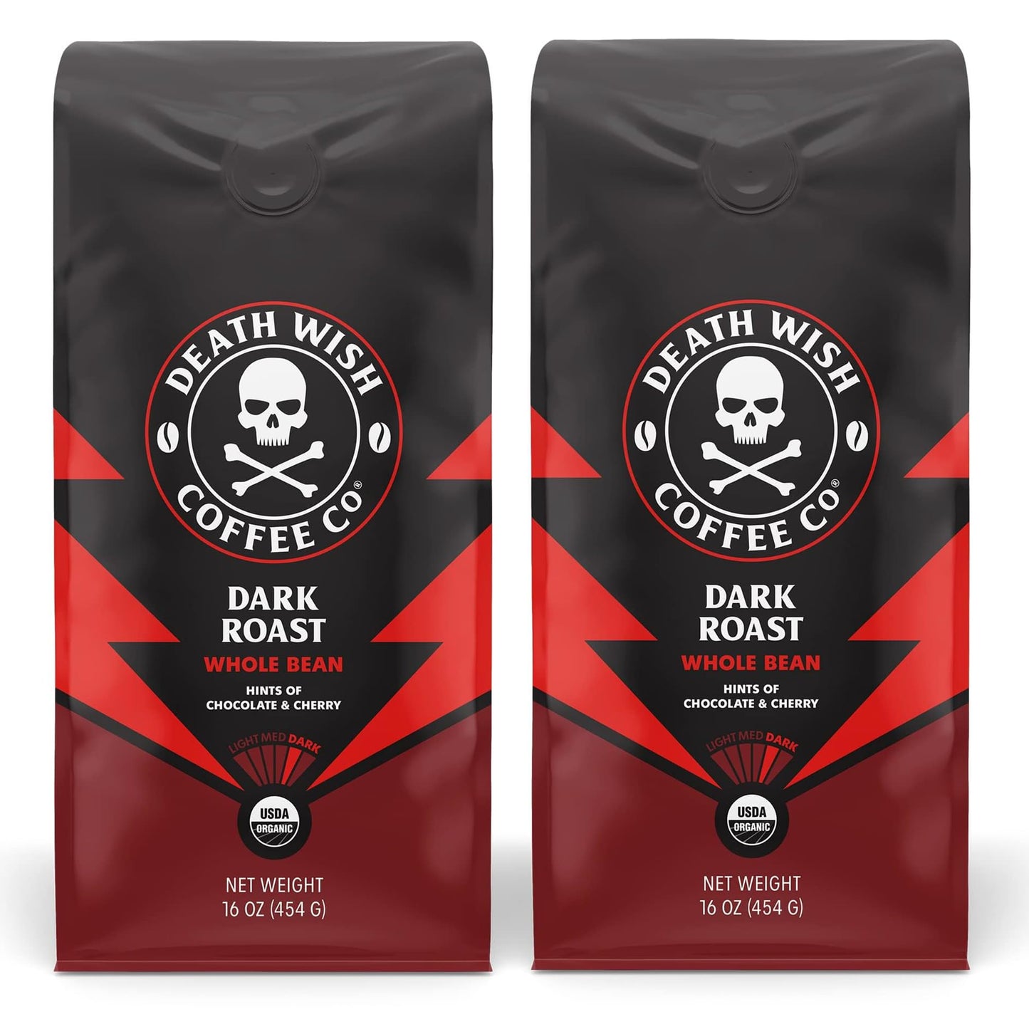 Death Wish Coffee Co. Whole Bean Dark Roast - Extra Kick of Caffeine - USA Organic Coffee Beans Bundle/Bulk - Fair Trade Arabica & Robusta Coffee - Real Dark Roast Coffee Beans 16 Ounce (Pack of 2)